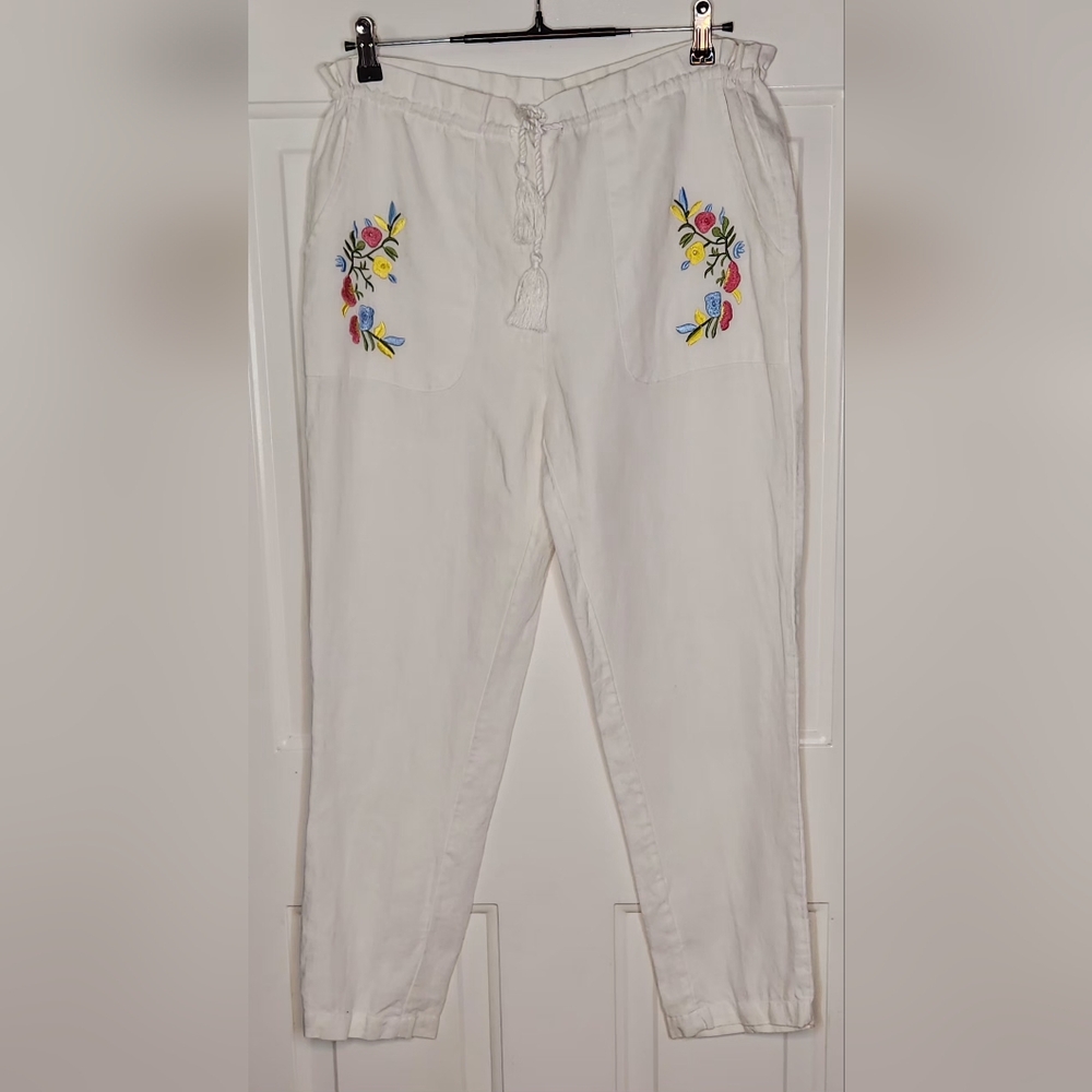 For Cynthia White Pants with Colorful Embroidery Size PM 100% Linen